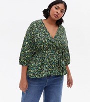 New Look Curves Black Ditsy Floral Crepe Wrap Blouse
